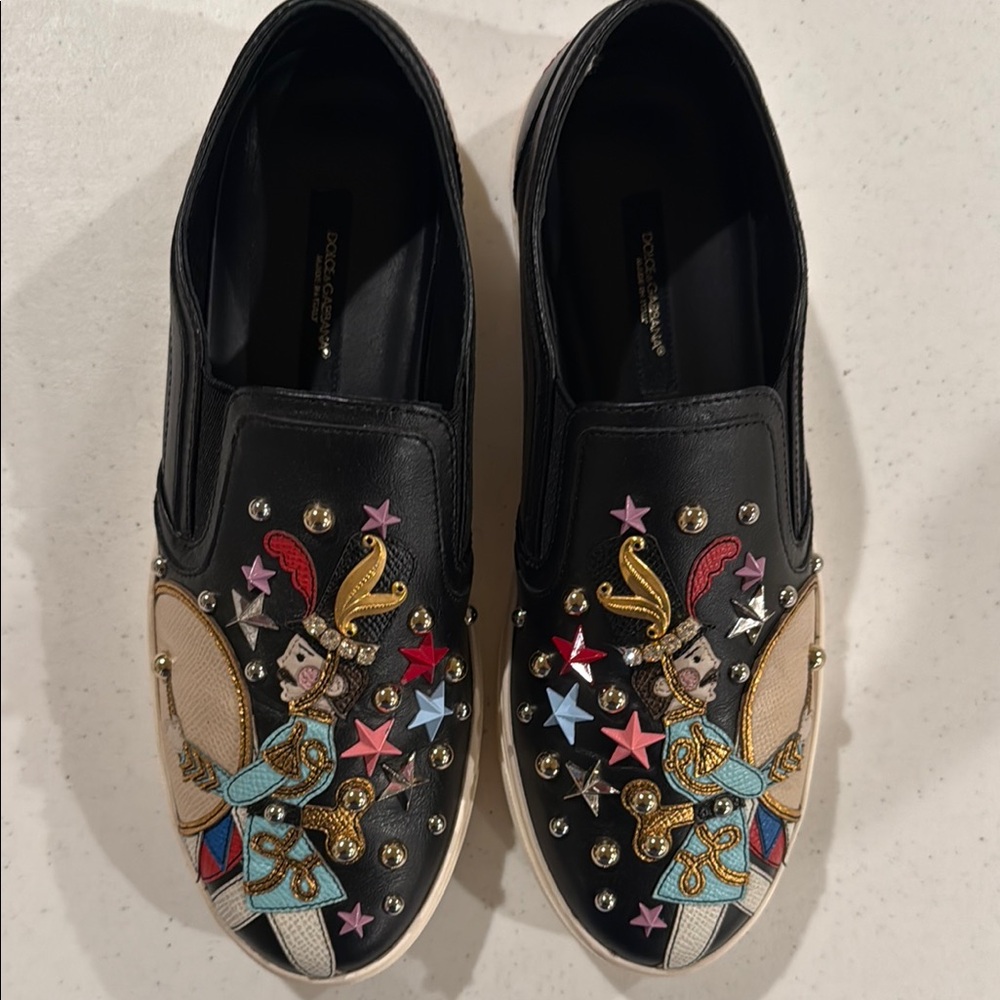 Dolce & Gabbana Black Slip-Ons with Colorful Embellishments